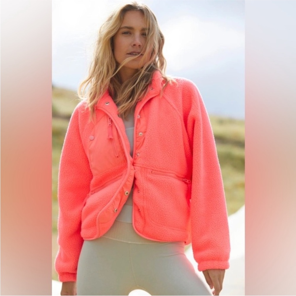 NWT FP Movement Free People Hit the Slopes Fleece Jacket, Neon Coral, XS